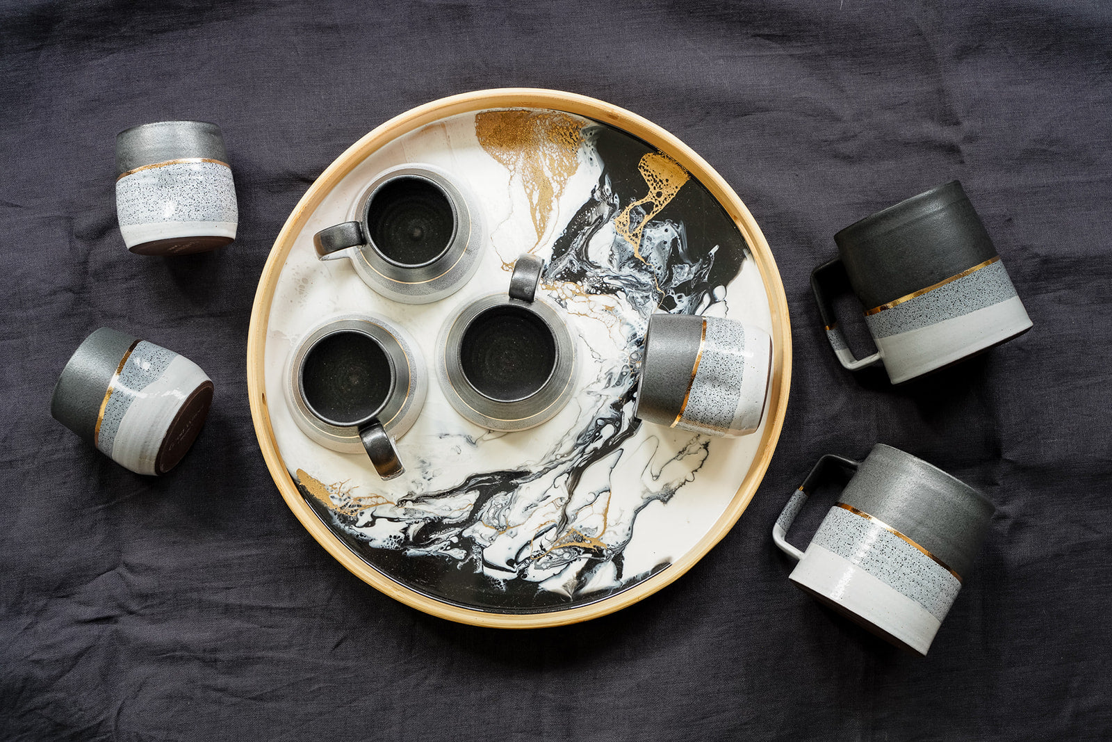 Gold Barrel mugs, Mini-barrel mugs and tumblers by Good Wheel ceramics