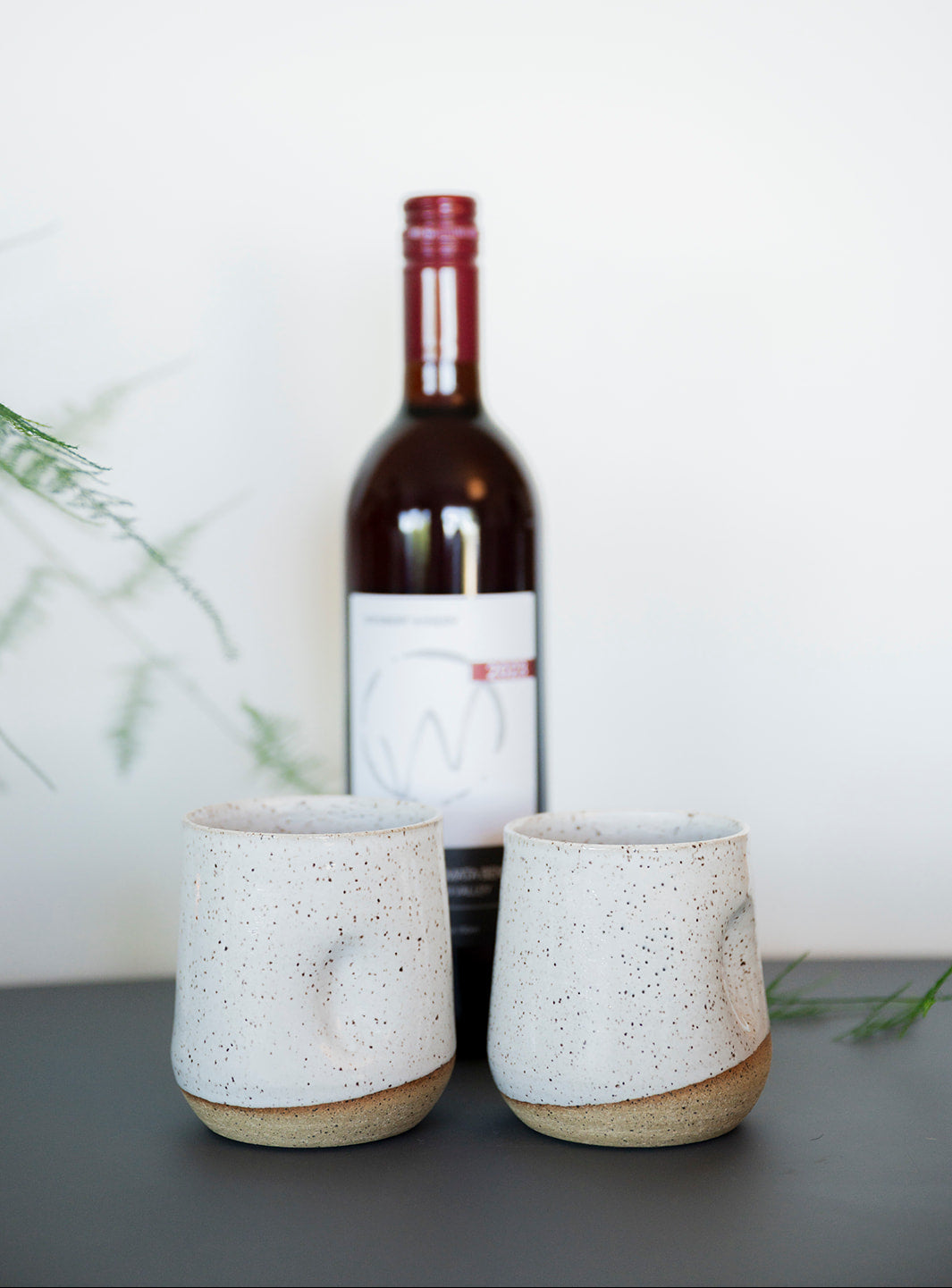 A bottle of red wine with a white label is positioned behind two speckled white tumblers on a gray table, surrounded by soft green foliage.